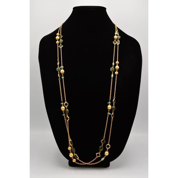 Premier Designs Vintage Station Necklace Green Bezel Brushed Gold Signed Bin2 - Picture 2 of 12